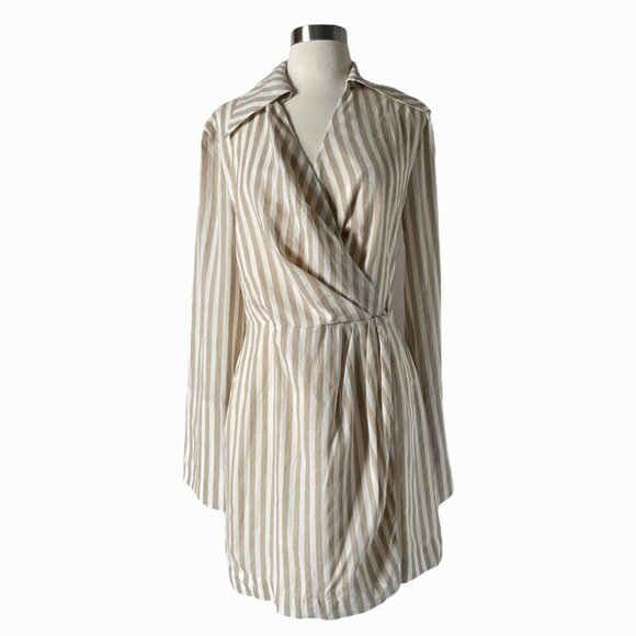 Nanushka Esma Striped Mini Wrap Dress Beige White Cotton Linen - Picture 12 of 12